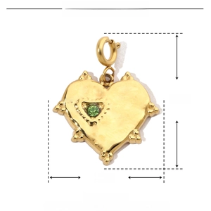 Detailed dimensions of heart pendant in gold stainless steel with green rhinestone