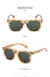 Front and side view of vintage square sunglasses with demi tortoise frame and green lenses