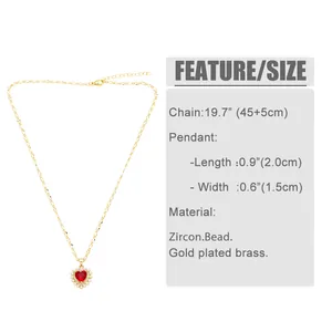 Size chart showing 45+5cm gold chain with a 2.0cm red heart zircon pendant