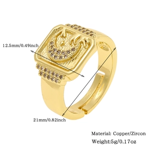 Detail view of adjustable gold ring featuring moon and star zircon patterns and dimensions