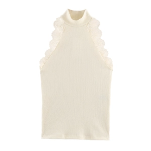 Top Elegante Sin Mangas Con Cuello Alto Para Mujer De Punto De Canalé Con Ribete De Encaje Corte Ajustado Informal Primavera Uso Diario