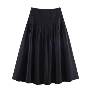 Women's minimalist black high waist pleated midi skirt with elegant satin finish