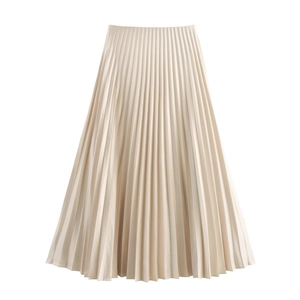 Elegant champagne high waist pleated midi skirt with smooth satin finish texture