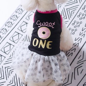 Dog dress with black 'Sweet ONE' printed vest and multi-layer star pattern tulle skirt