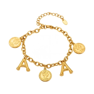 18K gold plated stainless steel bracelet with Elizabeth II coins and letter A charms