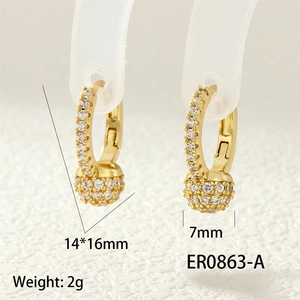 Detailed view of 14x16mm gold pave zircon earrings with size specs and 2g weight info