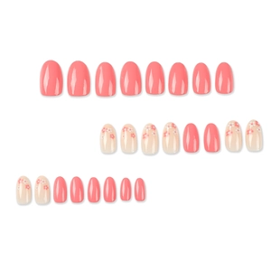 Set of 24 pink oval press-on nails featuring glossy finish and delicate red flower art