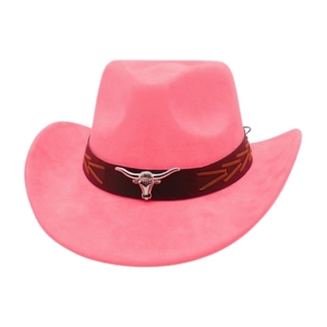 Close-up of pink faux suede cowboy hat with brown leather band and silver longhorn badge