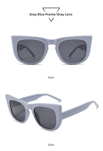 Detailed front and side views of matte gray-blue cat-eye sunglasses with dark gray lenses