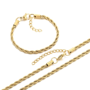Golden stainless steel twist rope chain necklace and bracelet set with lobster clasp