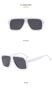 Detailed front and side views of oversized white sunglasses with grey lenses