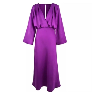 Elegant deep purple V-neck long sleeve satin maxi dress with a slim waist for women