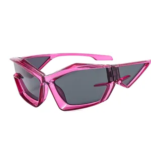 Futuristic Y2K sunglasses with translucent pink frame and dark grey lenses for unisex style