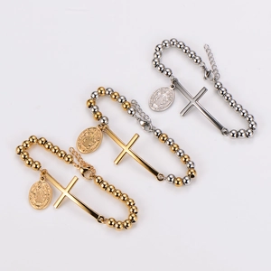 Bracelets religieux en perles d'acier avec croix et médailles de Saint-Benoît en or et argent