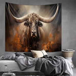 Artistic longhorn cattle wall tapestry with warm tones for modern bedroom decor