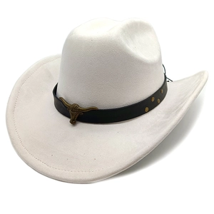 Detail of faux suede western cowboy hat with leather belt and bronze bull head stud