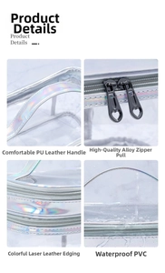 Detail of waterproof PVC travel bag with heart zippers and laser iridescent leather trim
