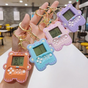 Cartoon bear mini game console keychains in orange, blue, pink and purple colors
