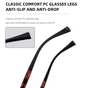 Detailed view of non-slip PC material eyewear temple tips in black and tortoiseshell finish