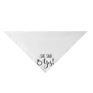 Detailed view of white pet bandana with black She Said Yes print and diamond ring icon