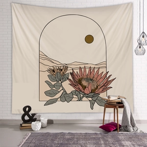 Detail of Morandi style tapestry with minimalist mountain and flower art on white brick wall