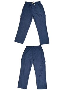 Flat lay detail of navy corduroy cargo pants with multi-pockets and drawstring waist