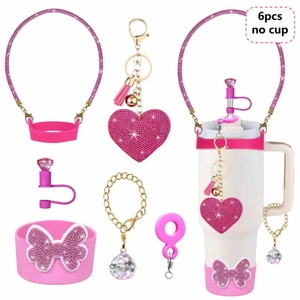 6pcs pink Stanley cup accessories set with rhinestone heart keychain and straw cover