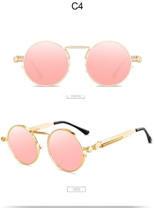 Front and side views of pink round steampunk sunglasses with gold metal spring frame
