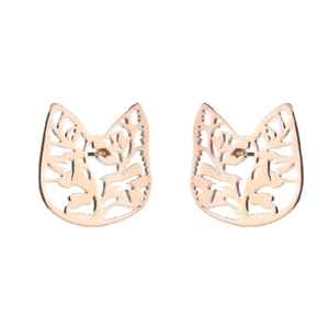 Rose gold hollow cat head stud earrings with intricate floral and leaf pattern cutouts