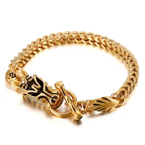 Bracelet pour homme en or 18K avec fermoir à bascule tête de dragon et chaîne Franco