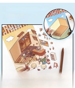 Close-up of cutting 3D PET stickers for a miniature DIY cat coffee shop scenery