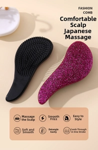 Detail of portable detangling massage brushes with ergonomic design in black and purple