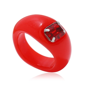Retro red resin wide band ring featuring a rectangular faux ruby with silver claws