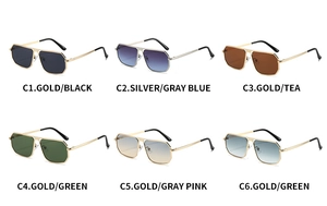 Detailed grid of geometric metal sunglasses showing six assorted color frame combinations