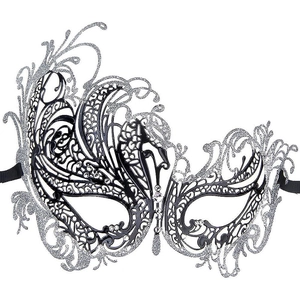 Detail of silver masquerade mask with glitter swan design and sparkling rhinestones