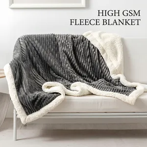 Double Layer Flannel Striped Blanket With Sherpa Lining Thickened Soft Solid Color Striped Nap Throw