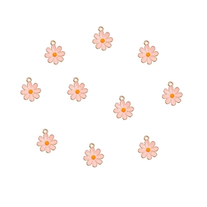 Set of ten pink daisy alloy enamel flower charms with gold rims for DIY jewelry making