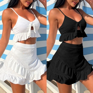 Maillot de Bain Trois Pièces Femme Européen Américain Broderie Anglaise Volants Bikini Top And Bottom Plage Vacances Polyester