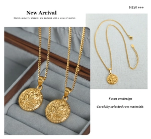 Macro detail of golden retro flower relief pendant necklace on grey velvet display