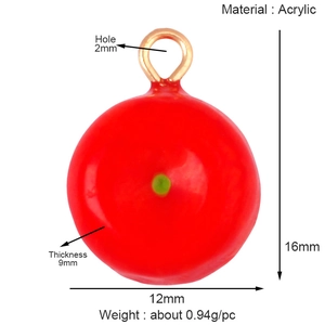 Macro view of 16x12mm red strawberry acrylic charm with size specifications and golden ring