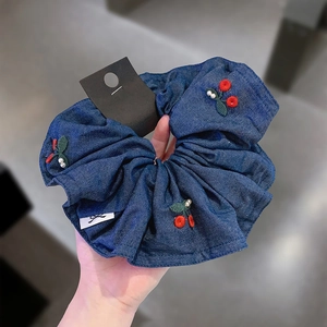 Denim Fabric Scrunchie With Cherry Embroidery And Faux Artificial Pearls Korean Sweet Style Hair Tie For Women
