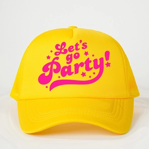 Close-up of Let's go Party pink print on a yellow trucker hat with mesh back