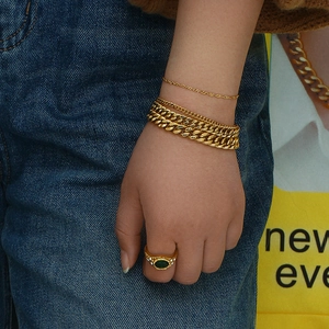 Chic 18K gold plated stainless steel layered chain bracelets with emerald ring