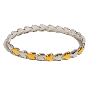 Minimalist 18K gold and silver heart-link bracelet with a secure clasp on white background