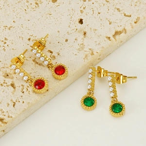 Vintage oval pearl drop earrings with red and green gemstones in gold-plated steel