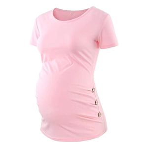 T-shirt premaman rosa a maniche corte con bottoni laterali e dettagli arricciati