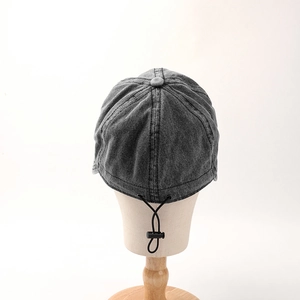 Dark grey washed denim retro baseball cap with adjustable drawstring and toggle back view