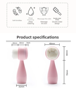 Pink double-sided cat paw face brush with dimensions and soft bristles detail