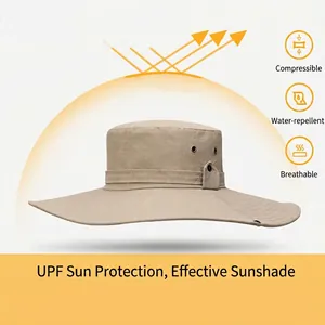 Sombrero de sol beige con ala ancha para protección UV en pesca y senderismo