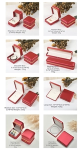 Detailed size chart for red jewelry boxes with gold metal edges and white velvet lining